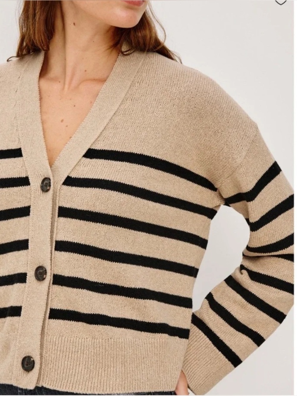 moon & madison Beige and Black Striped V-Neck Button Cardigan